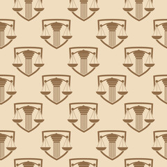 Scale justice and shield seamless pattern isolated on color background 