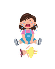Girl crying near a broken doll. Vector illustration.