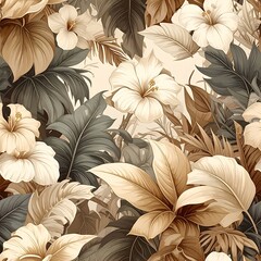 Detailed floral foliage pattern with elegant, soft-tone tropical flowers, and banana/palm leaf accents in shades of cream and brown