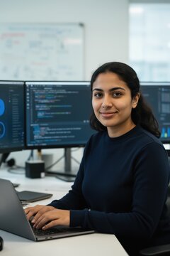Female software engineer at workstation, coding on laptop with multiple monitors