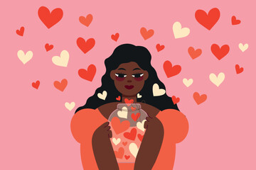 Romantic illustration of a girl holding a jar with hearts on a pink background with hearts. An expression of romance, love. Poster, banner, Valentine's Day or Women's Day card