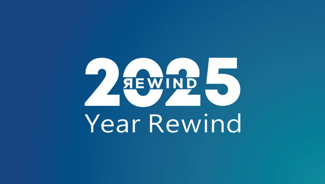 Bold white &ldquo;2025 Year Rewind&rdquo; typography on a smooth blue gradient background, clean recap banner ideal for annual highlights, social media summaries, video thumbnails, and end‑of‑year presentations.