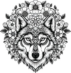 Wolf Mandala Floral Head Vector Illustration