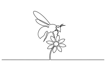 Bee and blooming flower continuous line illustration in modern minimal style