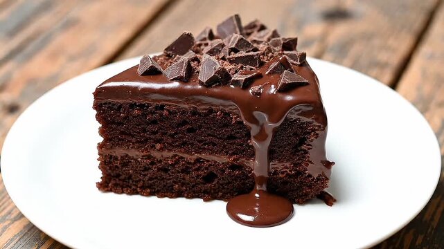 Decadent chocolate cake slice with melting ganache, rich cocoa sponge dessert on white plate, gourmet dark chocolate fudge cake
