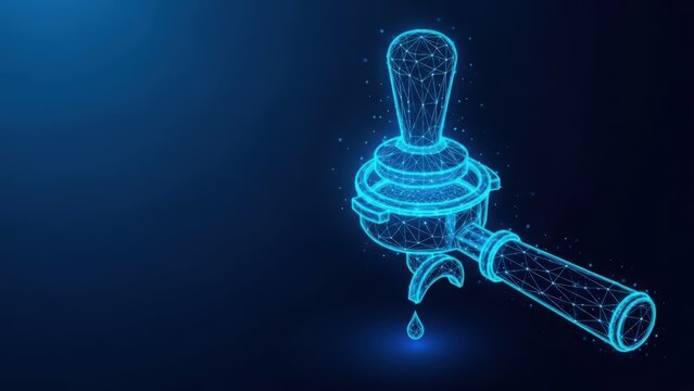 Abstract glowing blue wireframe illustration of an espresso machine portafilter with a drop of coffee falling