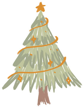 Doodle Christmas Tree: A whimsical hand-drawn Christmas tree adorned with a star on top, simple drawing style on illustration captures the spirit of the season.