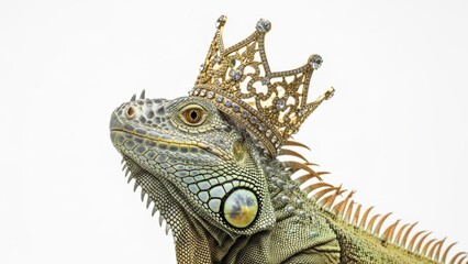 Fototapeta premium iguana wearing a gold ornate crown, queen or king crown, on a white background, animal photo