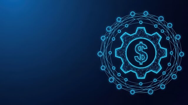 Digital gear with dollar sign connected by a luminous network on dark blue background