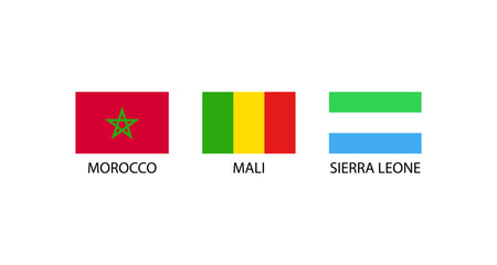 Flags of Morocco, Mali, and Sierra Leone displayed on a white background
