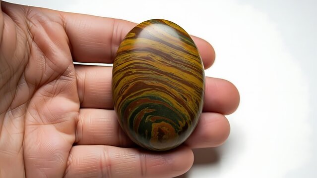 Close-up of a Hand Holding a Polished Mookaite Jasper Gemstone Worry Stone with Natural Swirling Striped Patterns on White Background