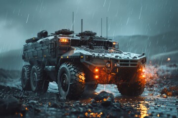 Obraz premium Big and modern futuristic military car driving in rainy weather morning. Neural network ai generated art