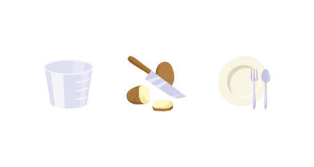 Cooking illustration of potatoes, knife, measuring cup, plate, fork, and spoon