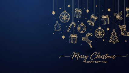 Elegant Christmas holiday decorations with ornaments gifts bells and reindeer on a dark blue background with golden accents