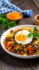Colorful rice bowl with sunny-side up egg, veggies, and herbs, on dark wood table with a blue checkered cloth