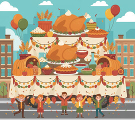 Obraz premium Joyful Thanksgiving Parade Float Illustration with Children Celebrating Amidst a Delicious Autumn Feast and Festive Decorations