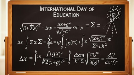 Chalkboard with equations and lightbulb illustration