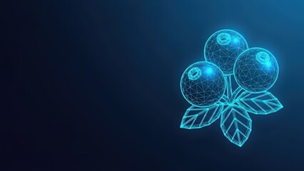 Glowing digital blueberry cluster with leaves on dark blue background