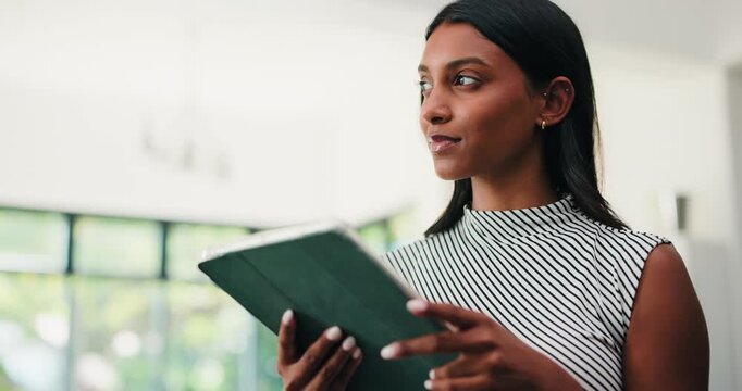 Creative, woman and thinking with tablet in office for research, proofreading and update draft. Female person, digital and editor feedback on magazine, story submission and solution for publication