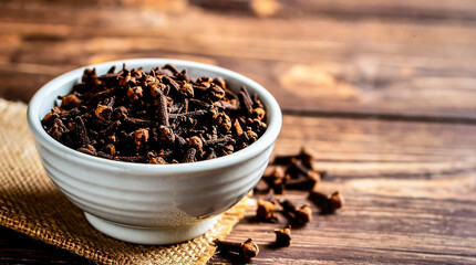 Dry Clove Spices in Ceramic Bowl on Wooden Table for Premium Spice Object and Herbal Culinary...