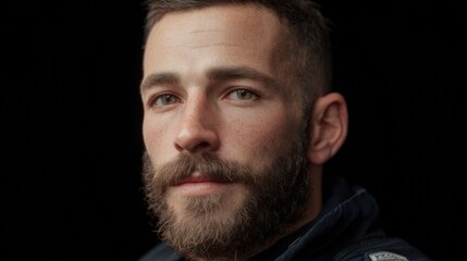Close-up portrait of a man's face. he has a full beard and mustache, and his hair is neatly combed back. he is looking directly at the camera with a serious expression on his face.