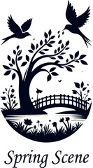 Silhouette nature illustration with tree bird and floral decorative elements