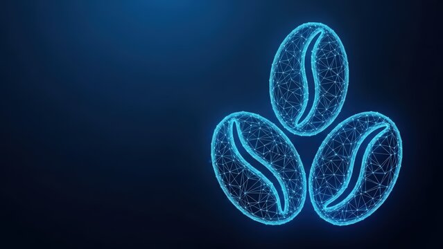 Three glowing digital coffee beans with intricate geometric patterns on a dark blue background
