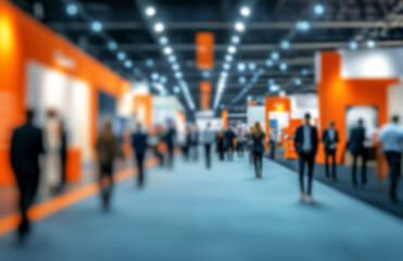 blurred background of a business exhibition with people walking around and display stands, 