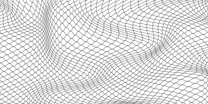 Fishing or soccer net. Repeated hexagon pattern. Black wired mesh texture isolated on white background. Metallic or fabric fence, cage or lattice structure. Vector graphic Illustration.