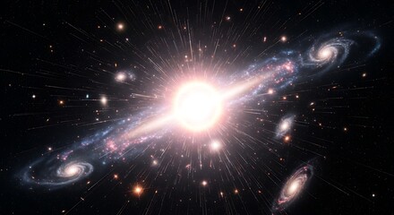 Vibrant depiction of a galactic explosion and surrounding spiral galaxies