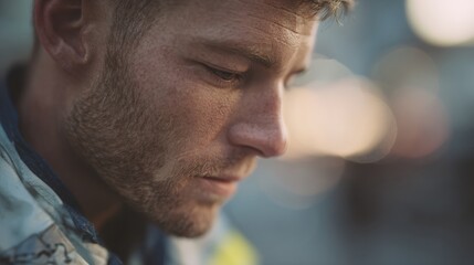 Close-up portrait of a man's face. he appears to be in his late twenties or early thirties, with short blonde hair and a beard. he is wearing a blue jacket with a camouflage pattern.