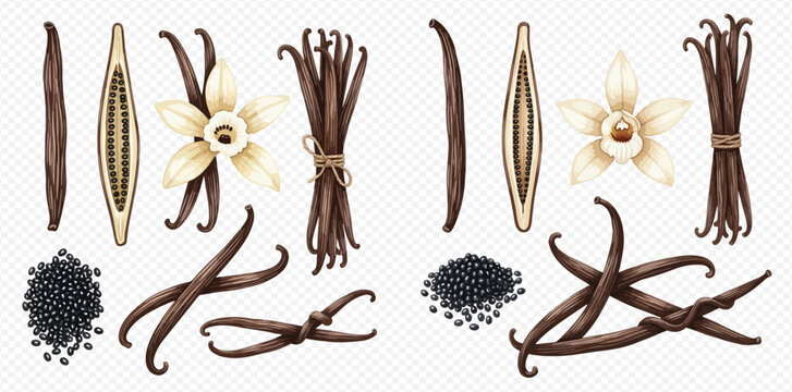 Realistic vanilla pods, flowers, and seeds set on transparent background for culinary and aromatic uses.