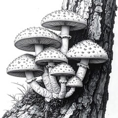 Detailed grayscale drawing of clustered mushrooms growing on the side of a tree trunk, displaying intricate textures