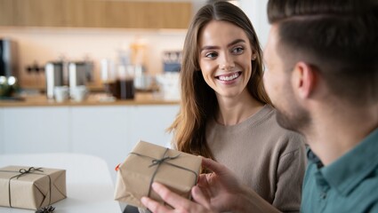 Smiling friends exchanging wrapped gifts at home in a warm kitchen setting