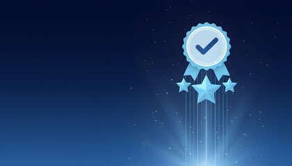 Award ribbon with checkmark and stars representing quality and success ideal for recognition and achievement concepts on a blue gradient background
