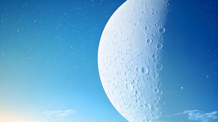 Large moon with craters in a blue sky with stars night