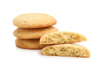 Many tasty lemon cookies isolated on white