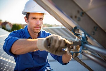 Male engineer installing solar panels on rooftop wearing hard hat and gloves