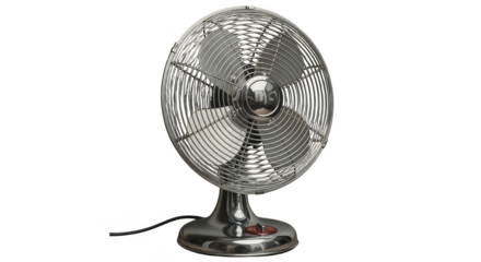 Metal electric desk fan on white background
