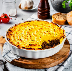 English Shepherd’s Pie with Mashed Potatoes and Minced Lamb for Premium Food Object and Traditional Cuisine