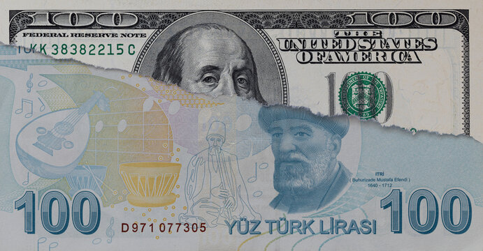 Torn Turkish Lira Layered Over Dollar Eyes
