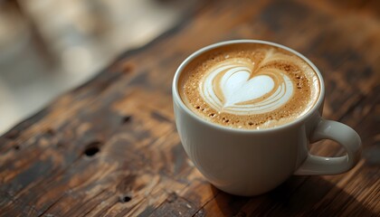 A close-up captures a delightful latte, the delicate foam artfully shaped into a heart, nestled on a rustic wooden table, an inviting scene of warmth and comfort.