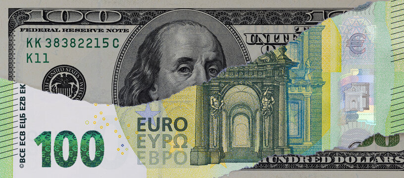 Torn One Hundred Dollar Over Euro Banknote