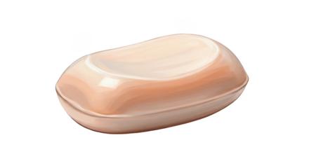 A light brown, oval-shaped bar of soap resting in a matching soap dish, isolated on a white background.
