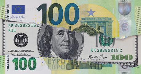 Torn One Hundred Dollar Over Euro Banknote