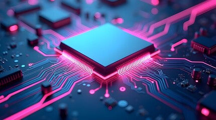 Futuristic glowing microchip on advanced circuit board with neon lights, artificial intelligence processor, high performance computing, digital technology innovation concept