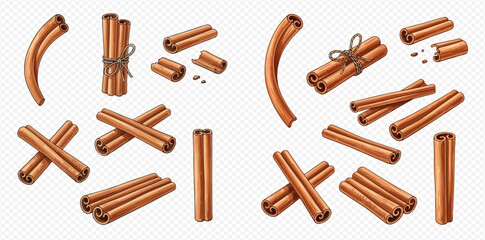 Collection of various cinnamon sticks and rolls, aromatic spice for cooking and baking.
