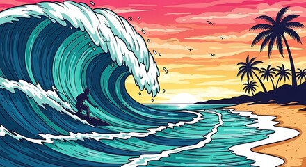 Vibrant illustration of a surfer riding a large ocean wave at sunset