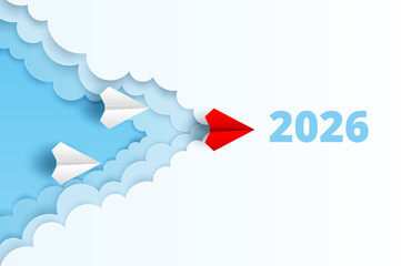 Concept for Planning Success Goals for 2026. Red Paper Plane Flying Toward Success in 2026. paper art style. vector.