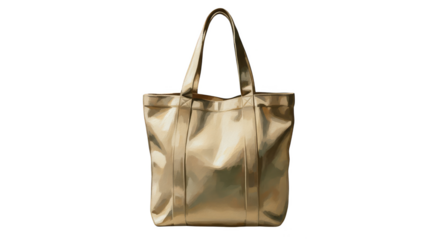 A shiny metallic gold tote bag with two handles on a plain white background, perfect for fashion and everyday use.